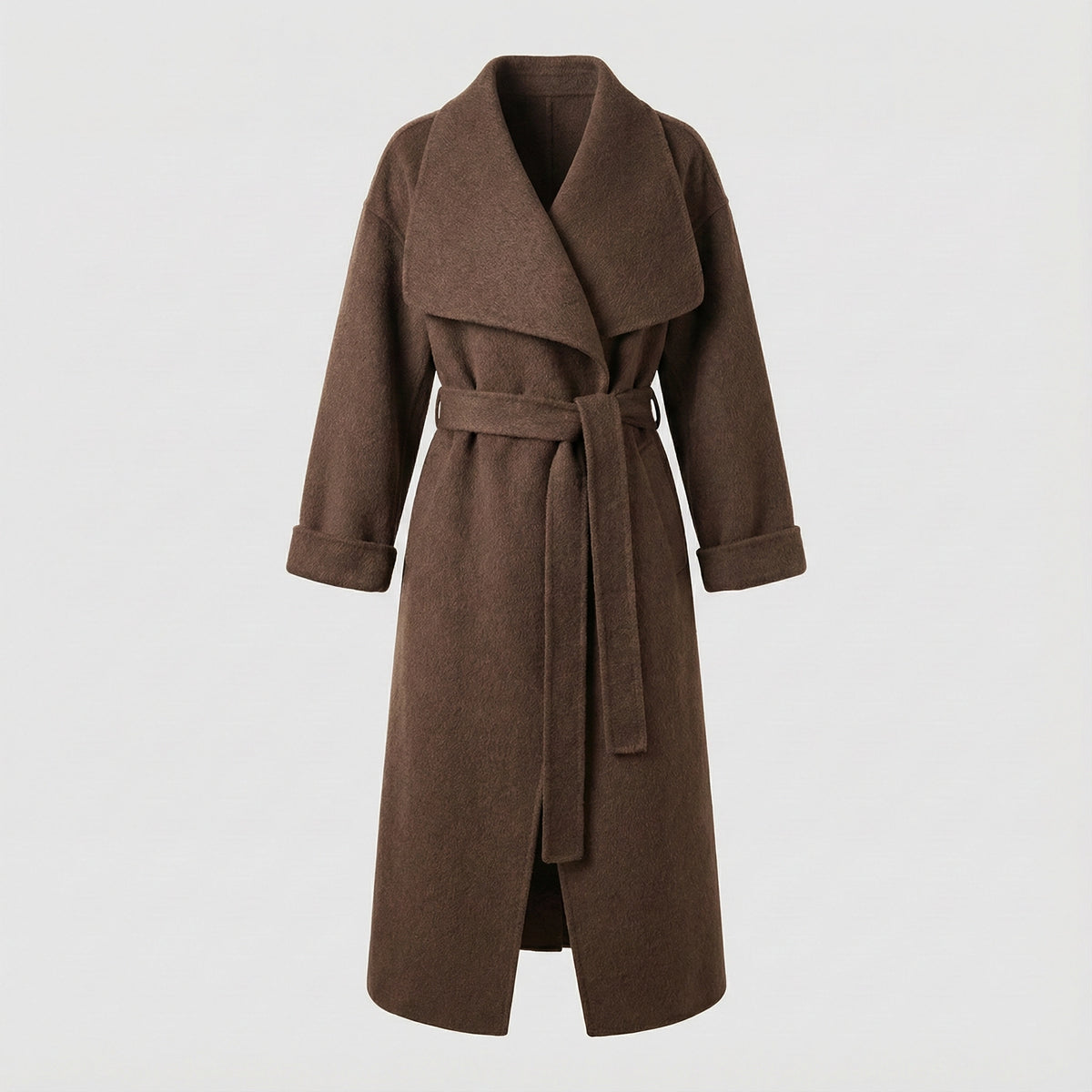 Brown coat with a belt on a light gray background