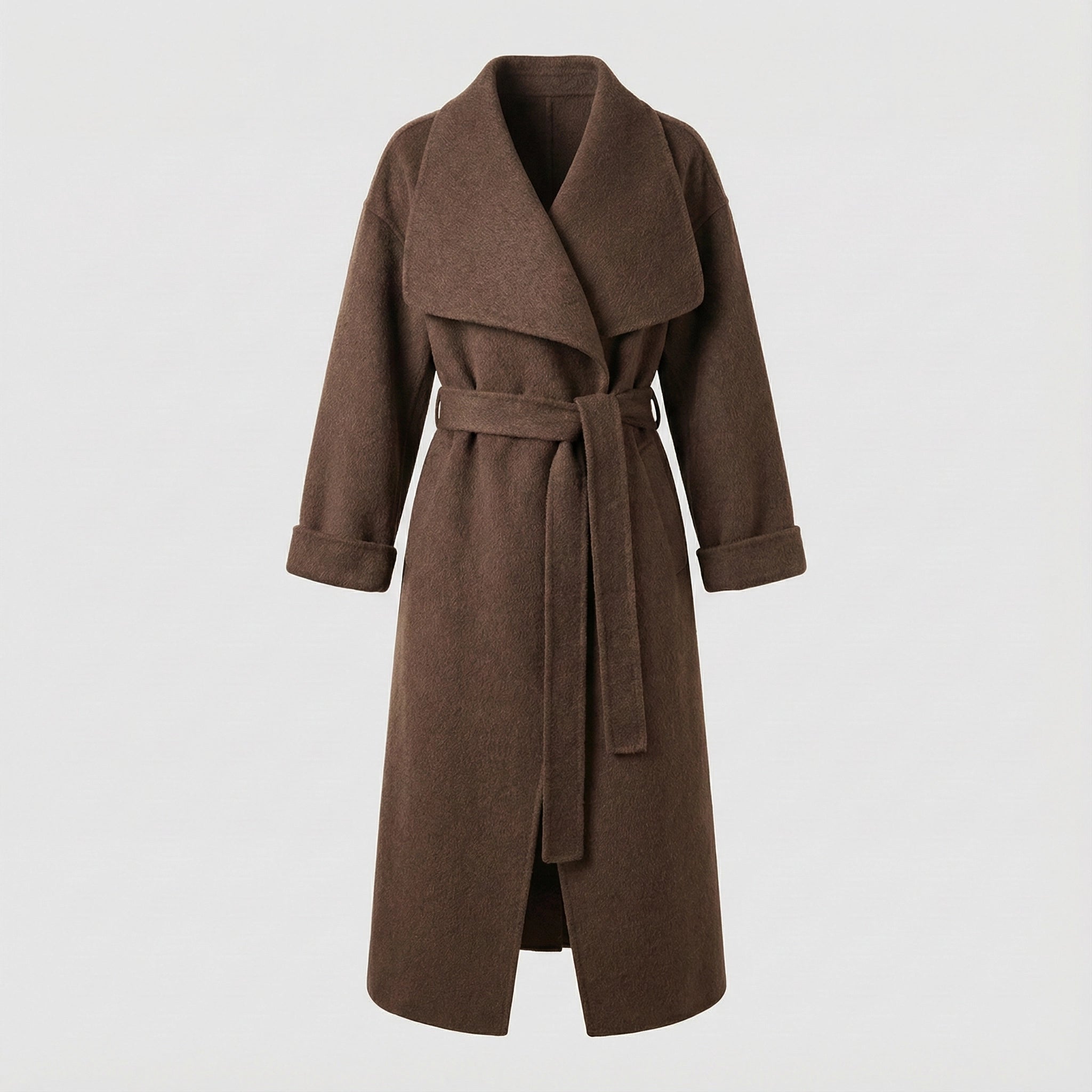Brown coat with a belt on a light gray background
