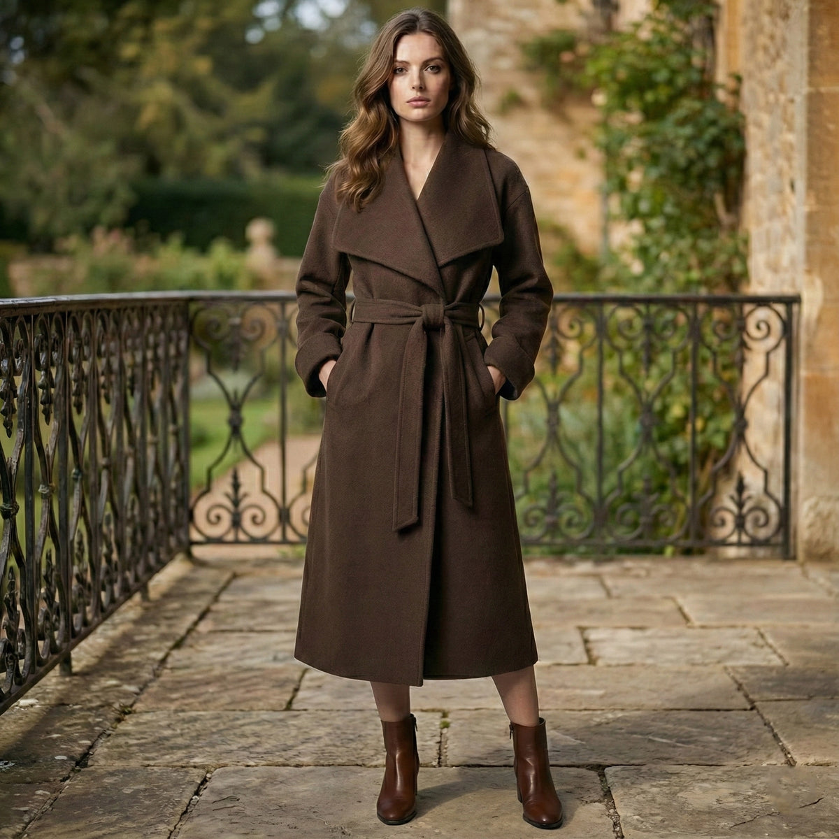 Woman wearing a brown coat standing on a stone patio with garden and building in the background