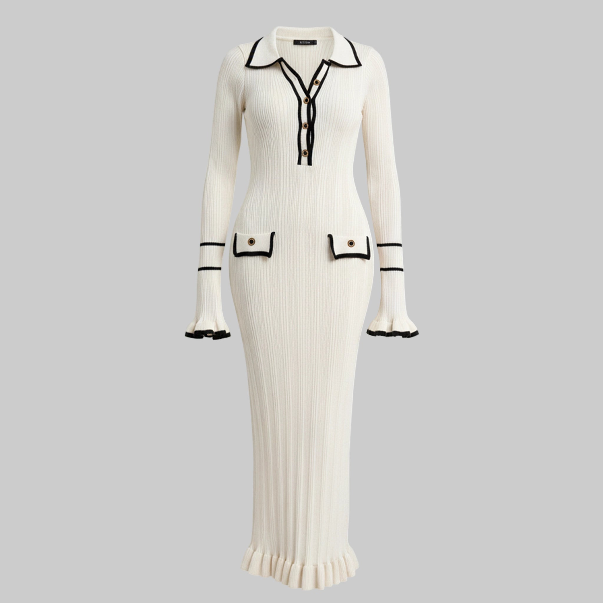 White dress with black accents on a white background