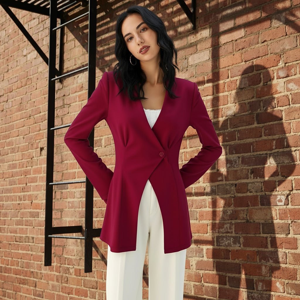 Woman wearing a red blazer and white pants standing against a brick wall.