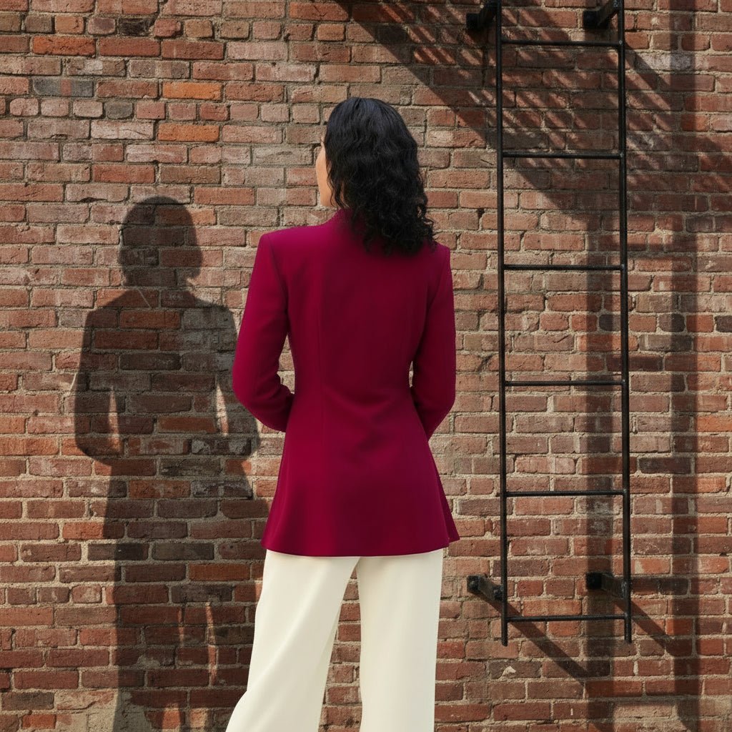 Person wearing a red blazer and white pants standing against a brick wall with a ladder.