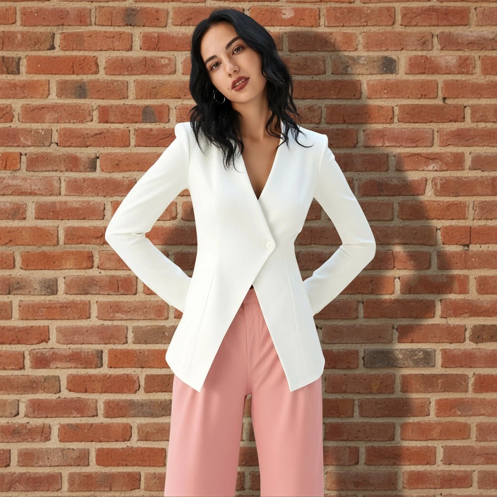 Woman wearing a white blazer and pink pants against a brick wall