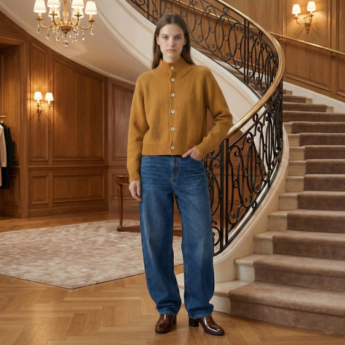 Woman in mustard sweater and blue jeans standing in a staircase interior.