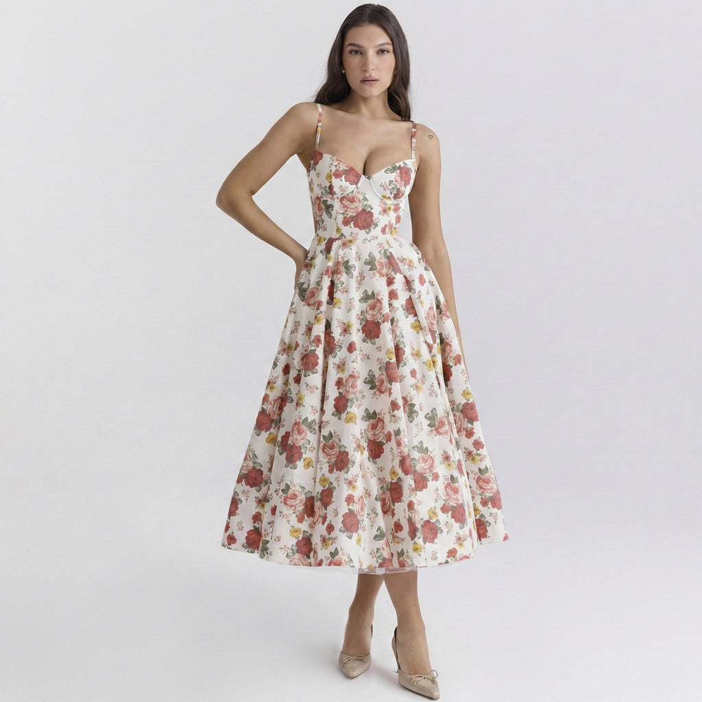Woman wearing a floral dress on a white background