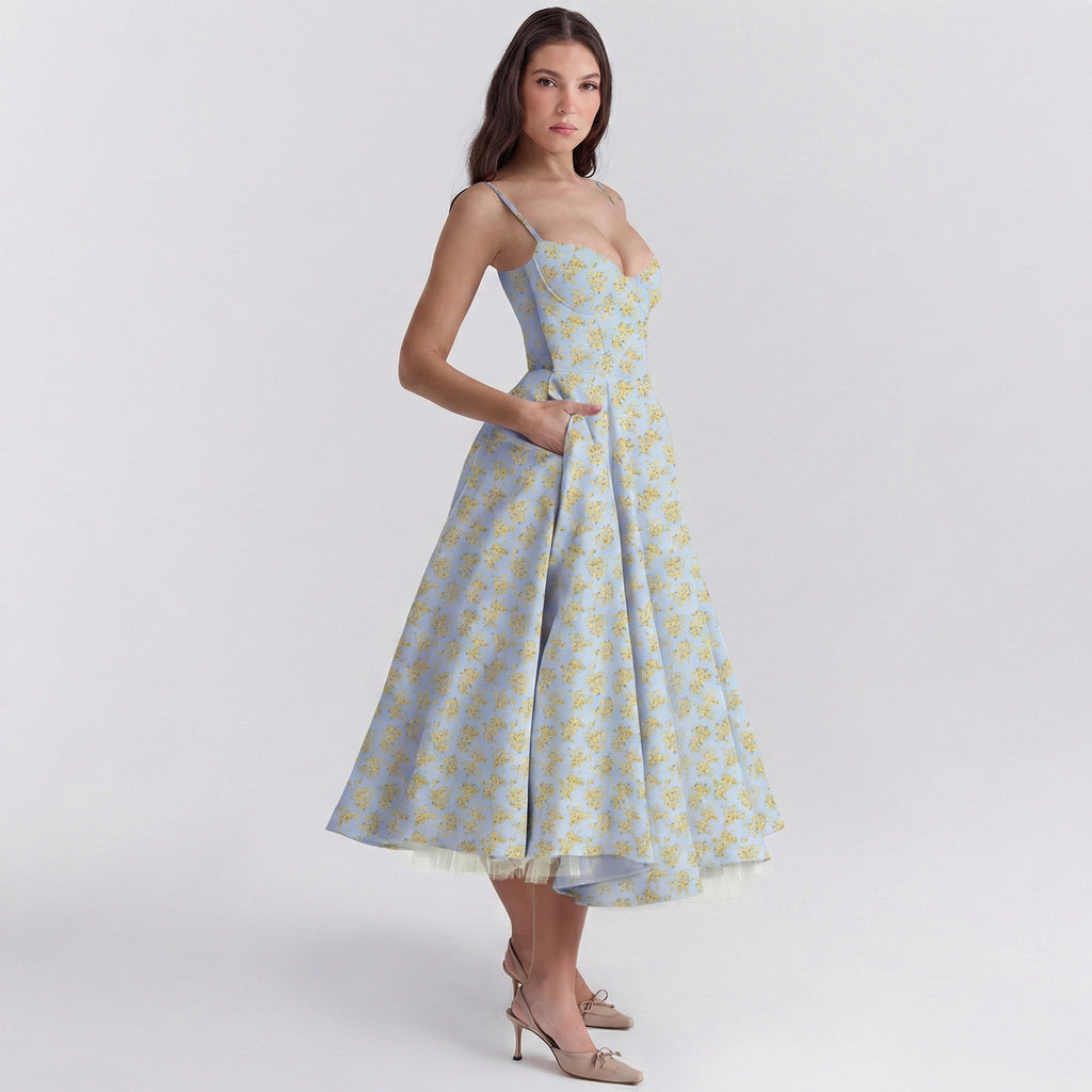 Woman wearing a floral dress on a white background