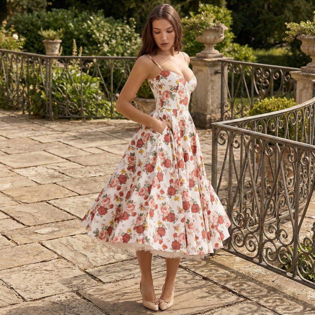 Woman in a floral dress standing in an outdoor setting with garden elements.
