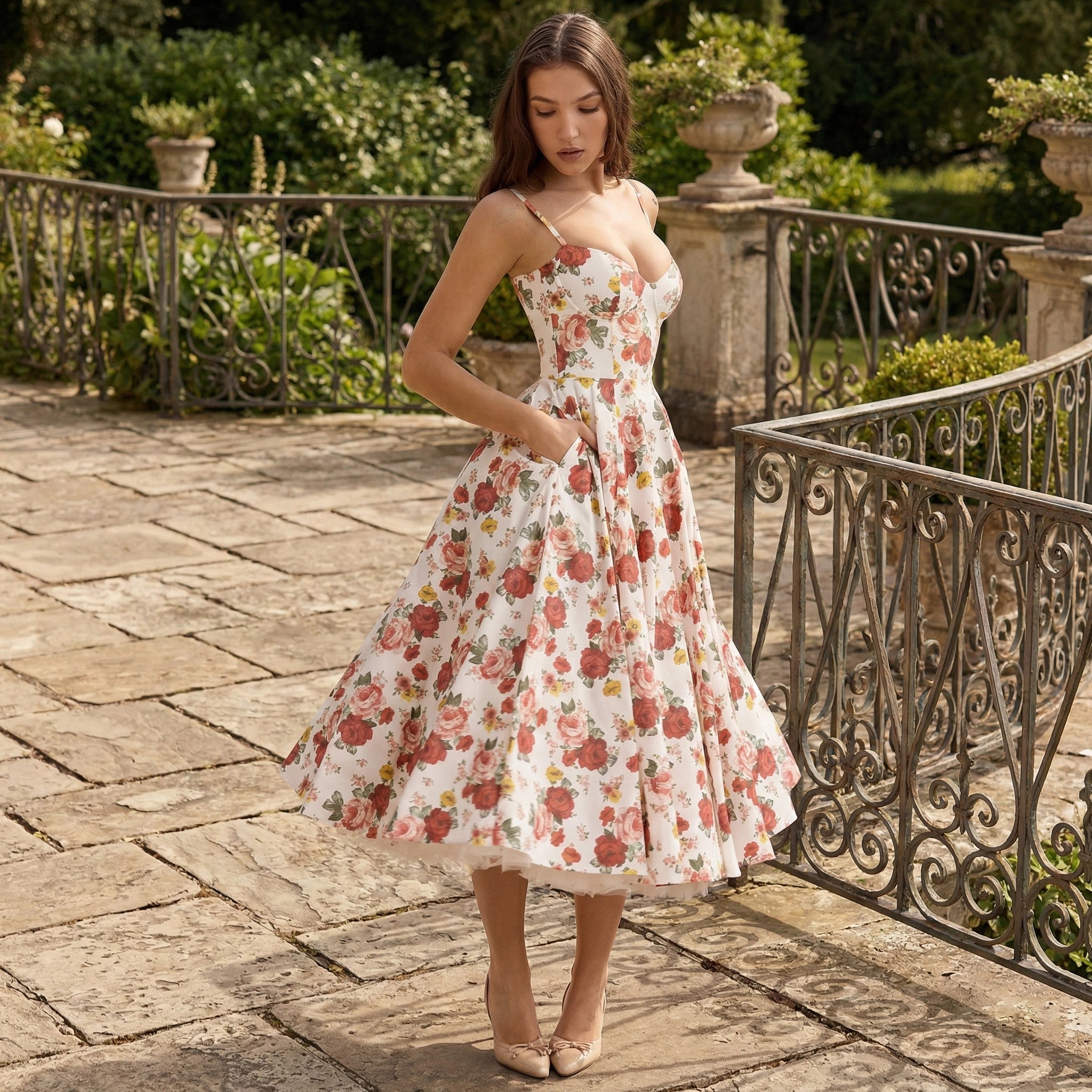 Woman in a floral dress standing in an outdoor setting with garden elements.
