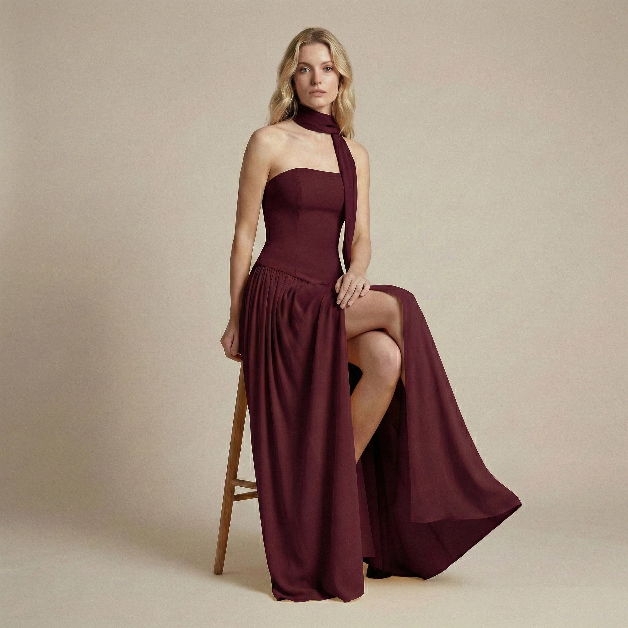 Woman wearing a burgundy halter neck gown with a slit on a beige background