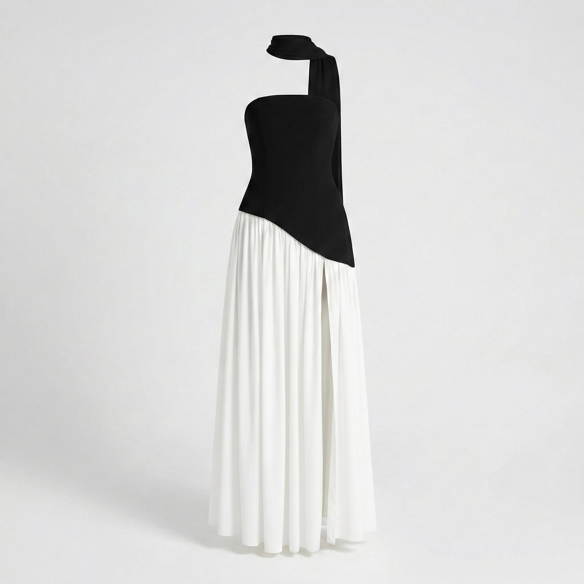 Black one-shoulder top and white skirt set on a light gray background
