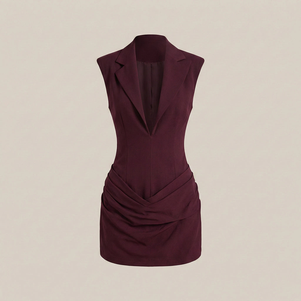 Maroon dress with a fitted silhouette on a beige background