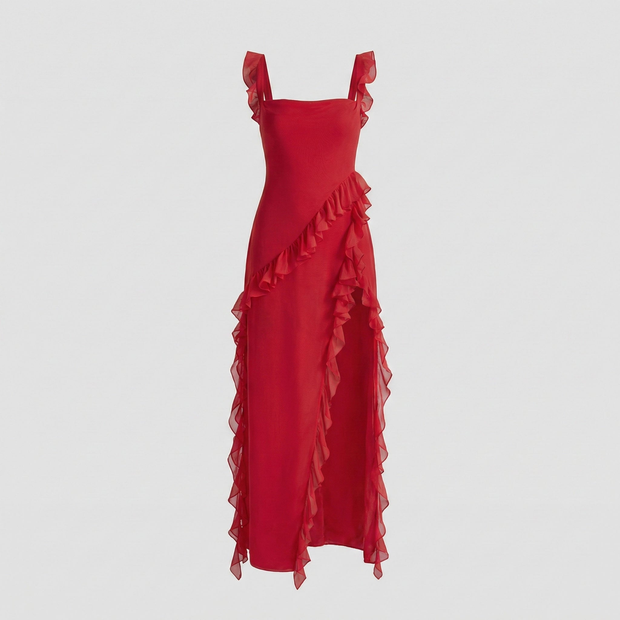 Red dress with ruffled details on a light gray background
