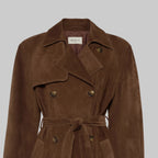Brown suede trench coat with gold buttons on a light gray background