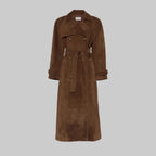 Brown suede trench coat on a white background