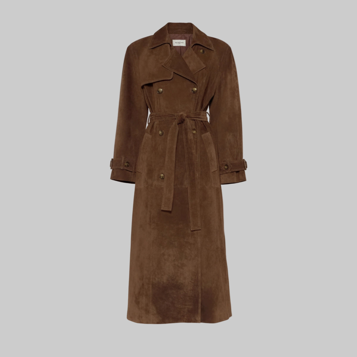 Brown suede trench coat on a white background