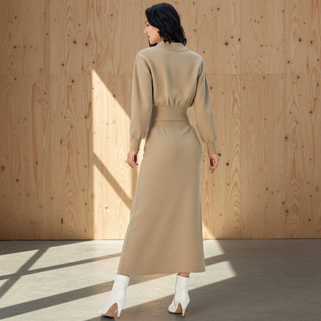 Woman wearing a beige dress on a gray background