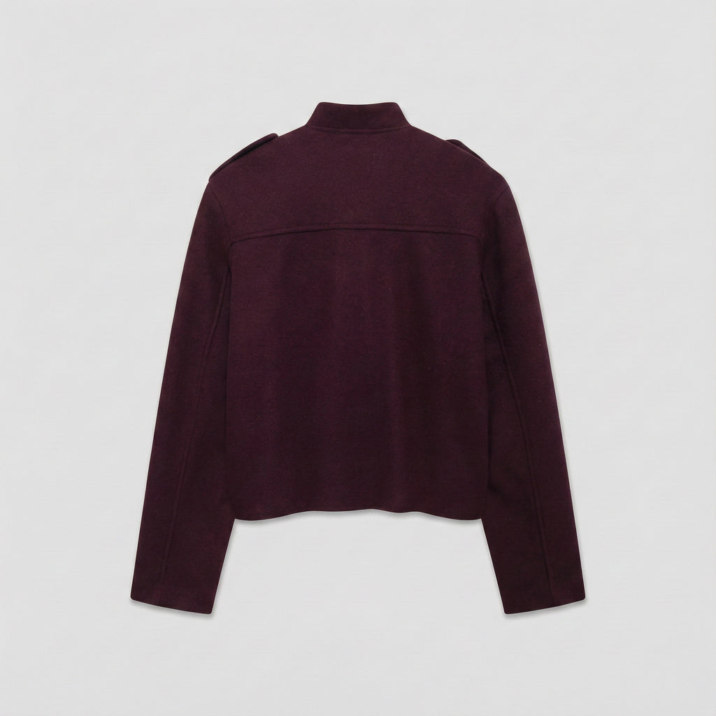 Maroon jacket on a light gray background