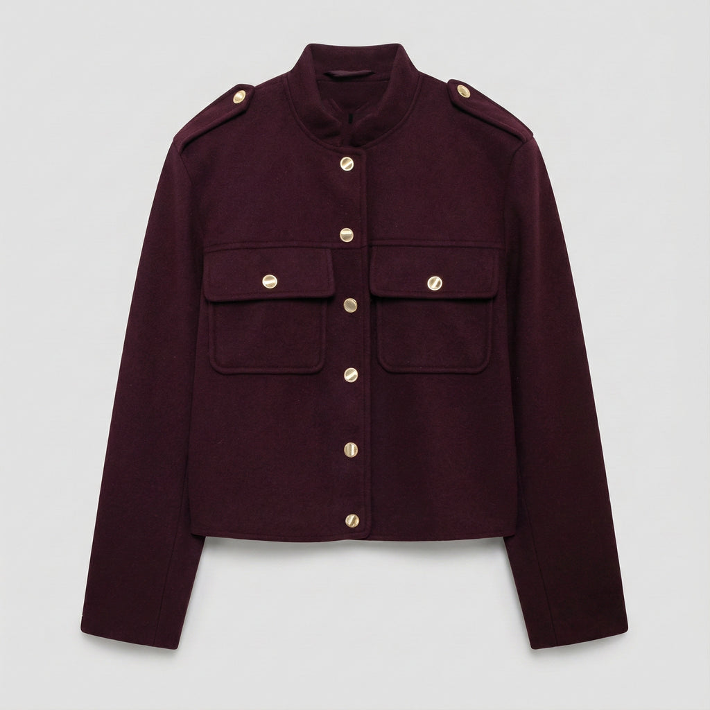 Maroon jacket with gold buttons on a light gray background