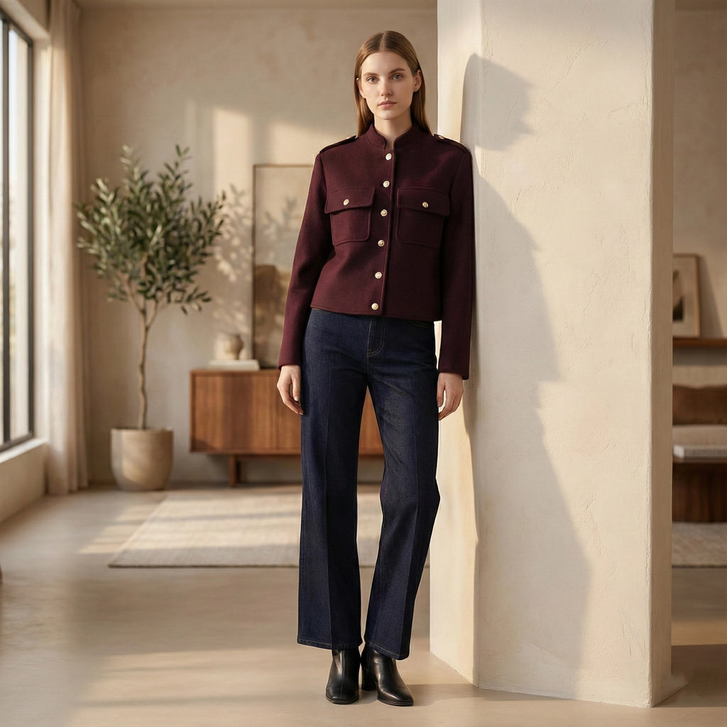 Woman wearing a burgundy jacket and dark blue jeans standing in a modern room.