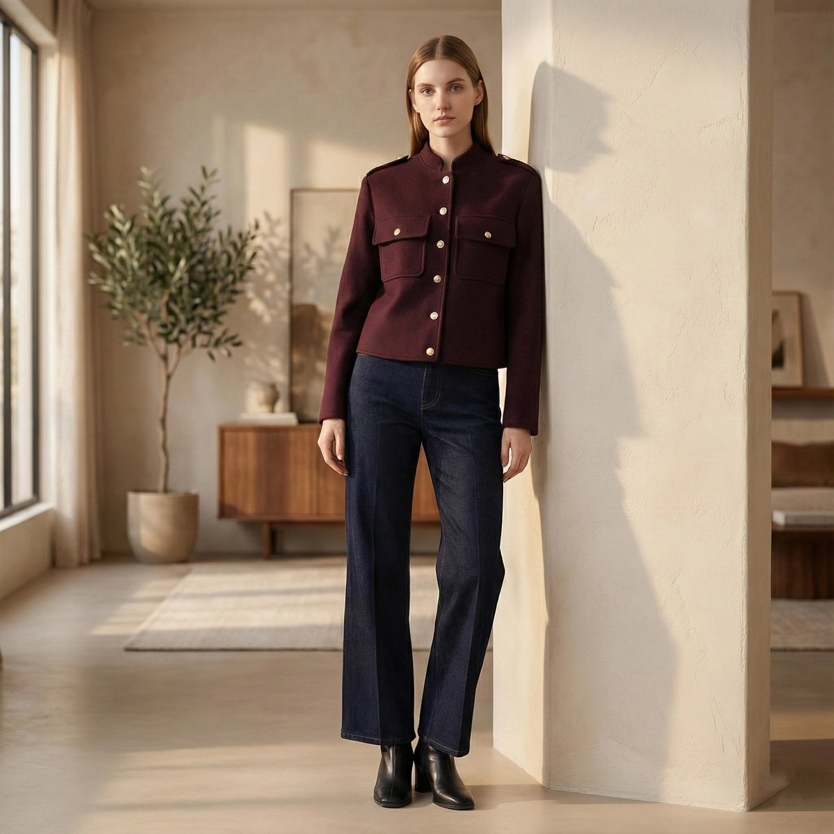 Woman wearing a burgundy jacket and dark blue jeans standing in a modern room.
