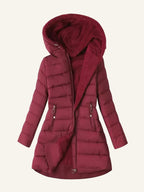 Red puffer jacket with a hood on a white background