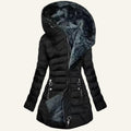 A black hooded puffer jacket with a plush dark gray faux-fur lining, shown on a plain white background.