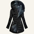 A black hooded puffer jacket with a plush dark gray faux-fur lining, shown on a plain white background.