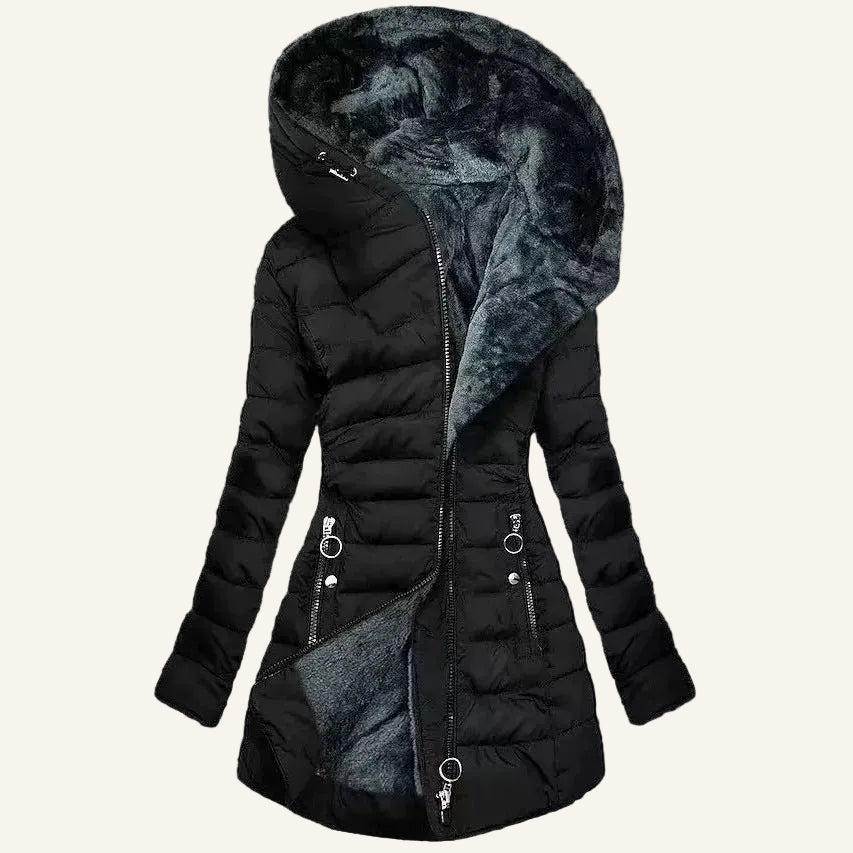 A black hooded puffer jacket with a plush dark gray faux-fur lining, shown on a plain white background.