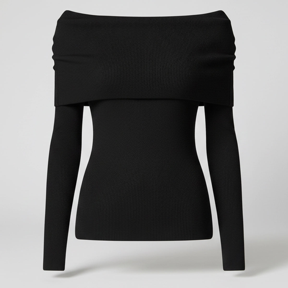 Black off-shoulder sweater on a light gray background