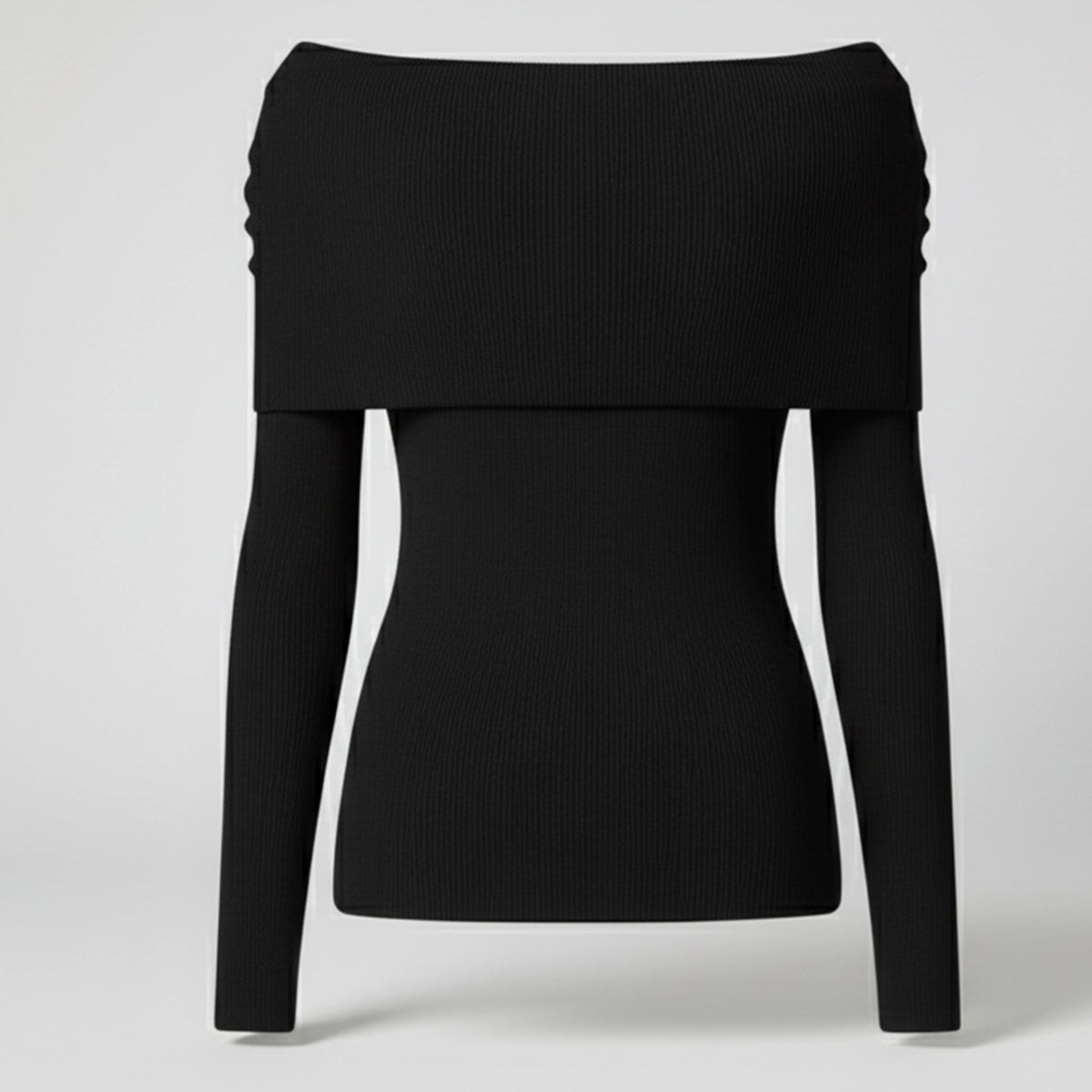 Black off-shoulder sweater on a light gray background