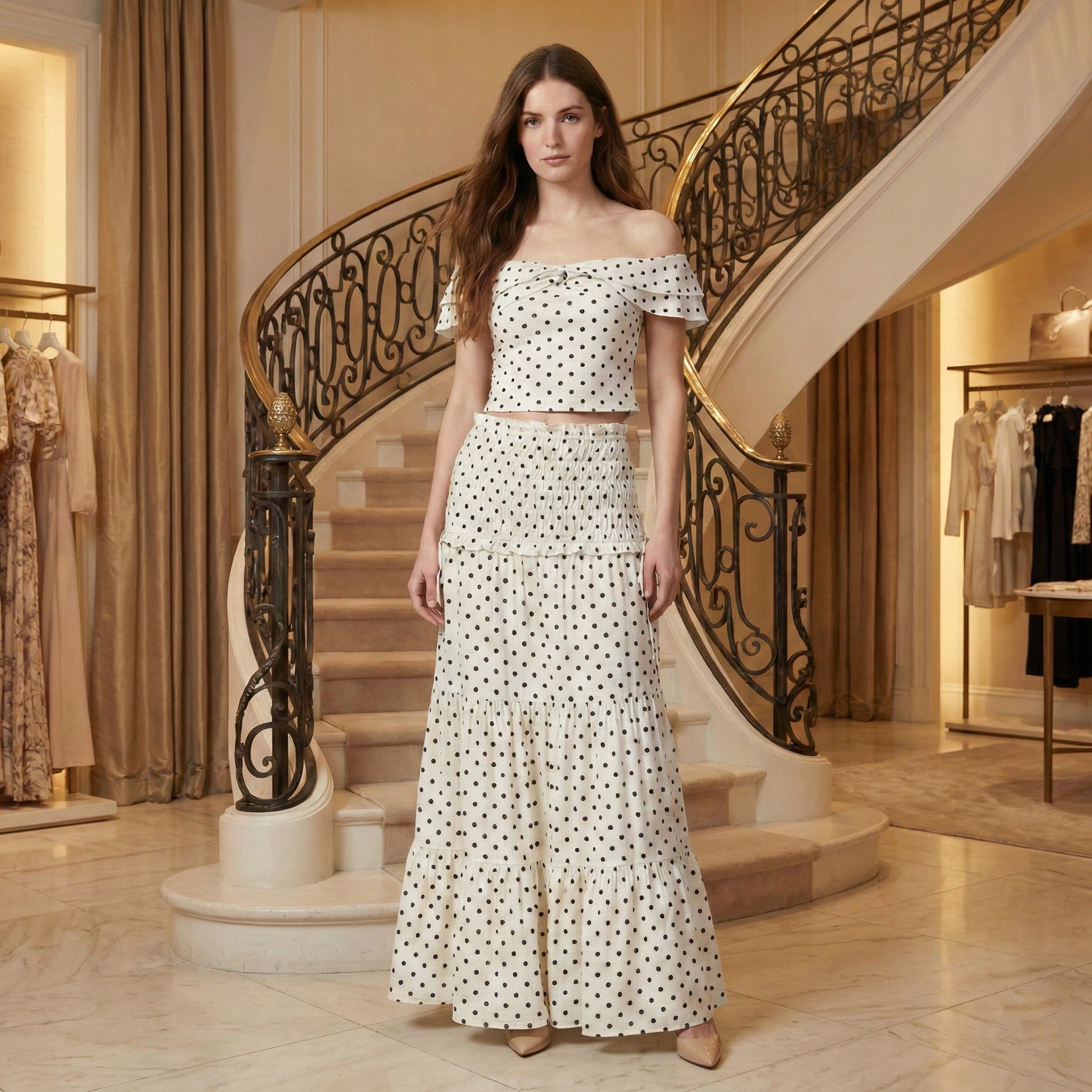 Woman in a polka dot outfit standing in a stylish interior setting with a staircase.