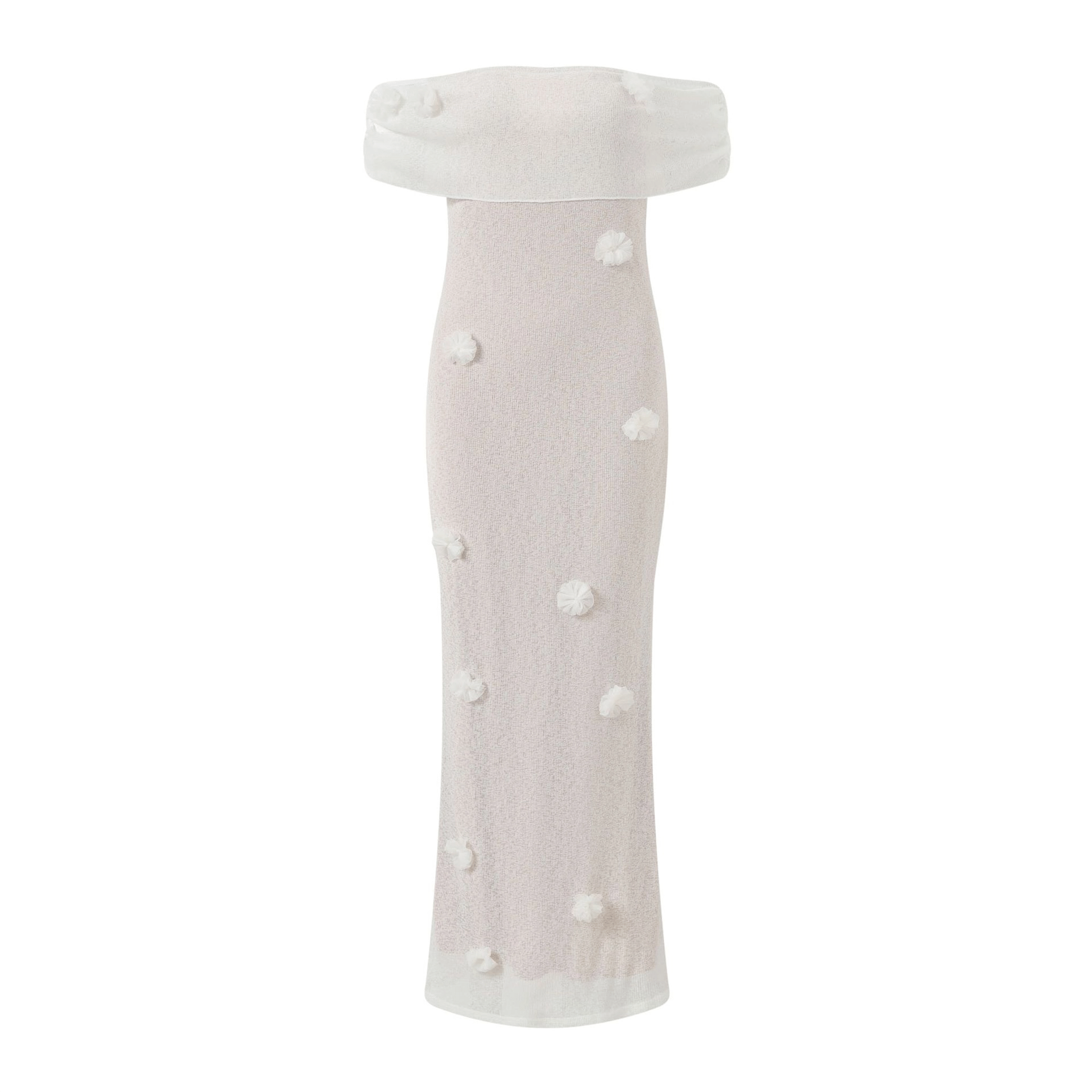 White off-shoulder dress with pearl embellishments on a white background