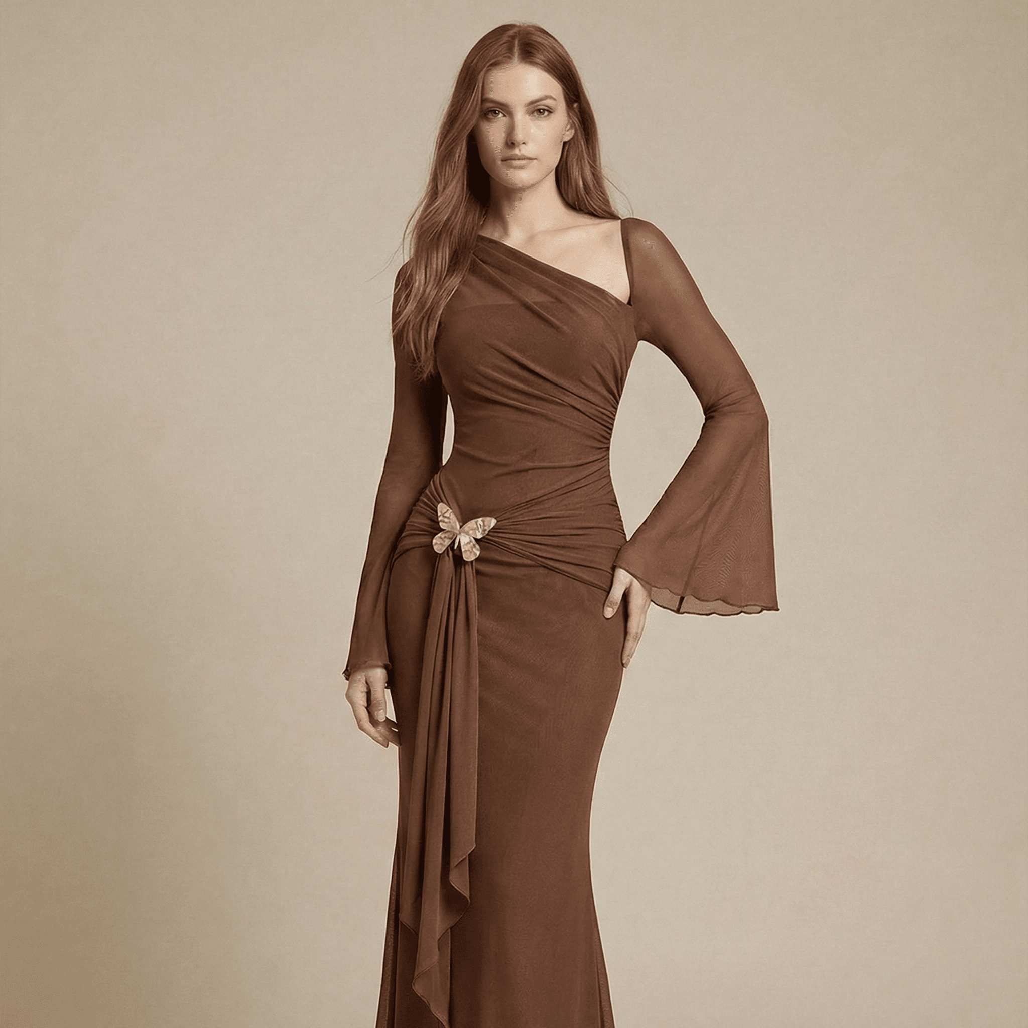 Woman wearing a brown one-shoulder dress with a gold butterfly detail on a beige background