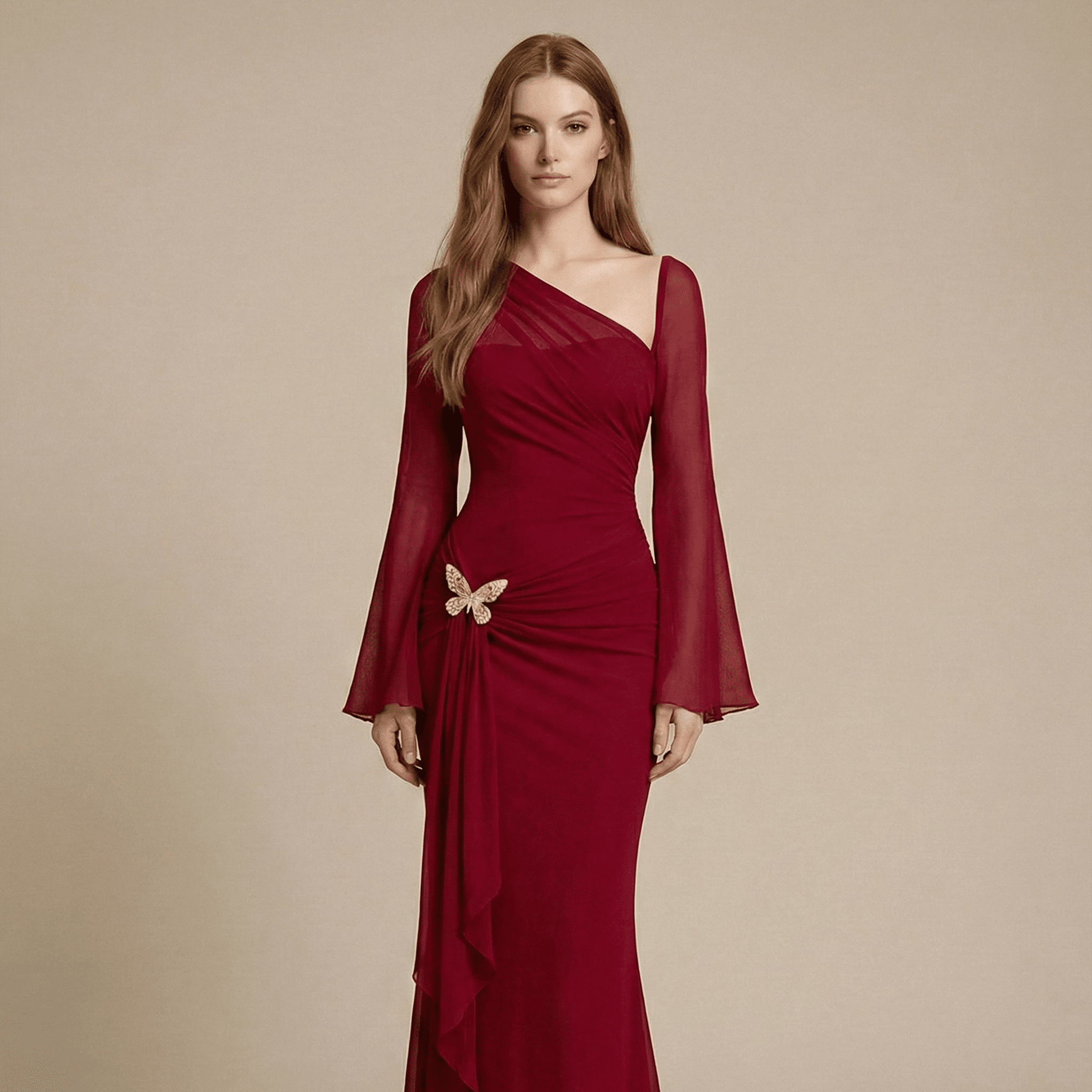 Red evening gown with long sleeves on a beige background