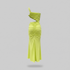 Lime green one-shoulder dress on a gray background