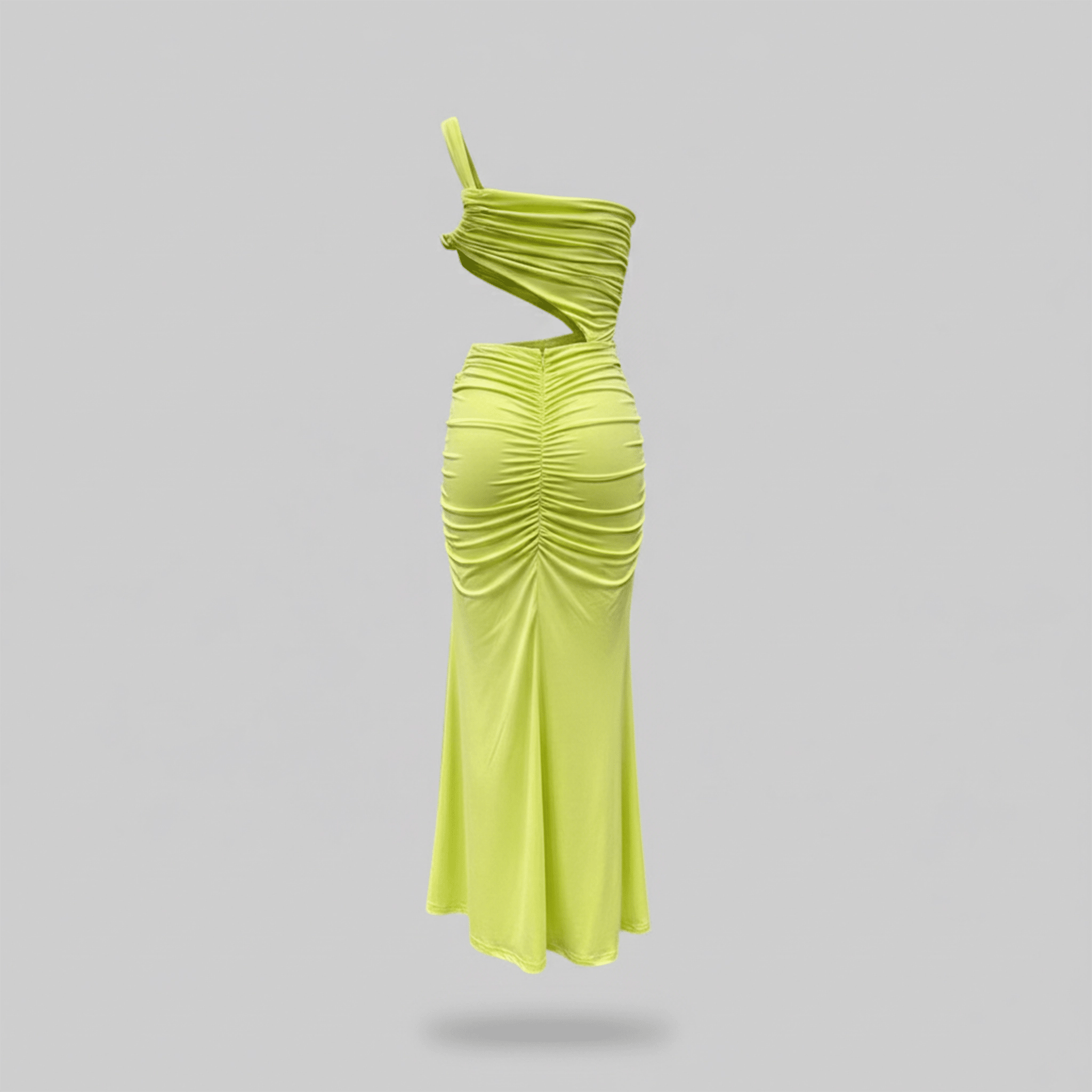 Lime green one-shoulder dress on a gray background