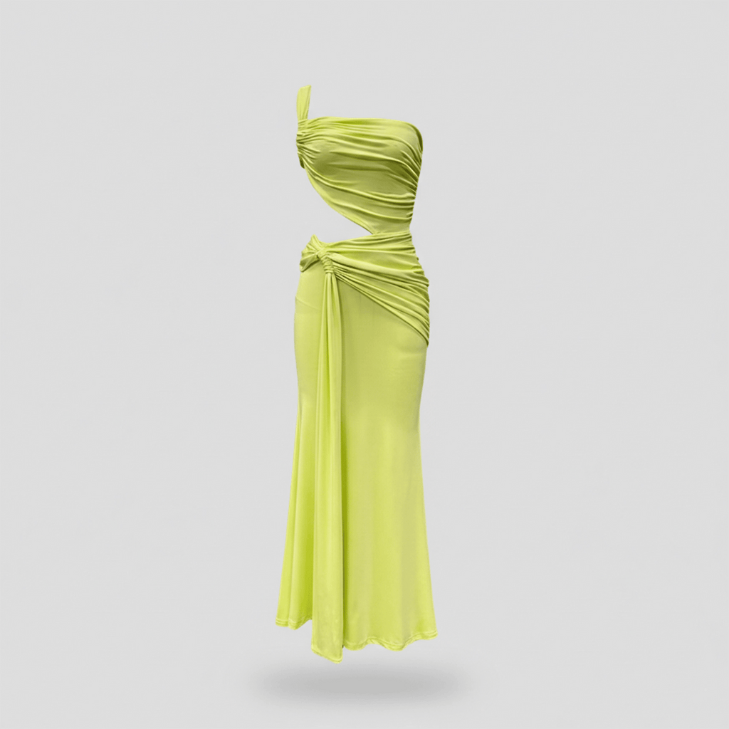Lime green one-shoulder dress on a light gray background