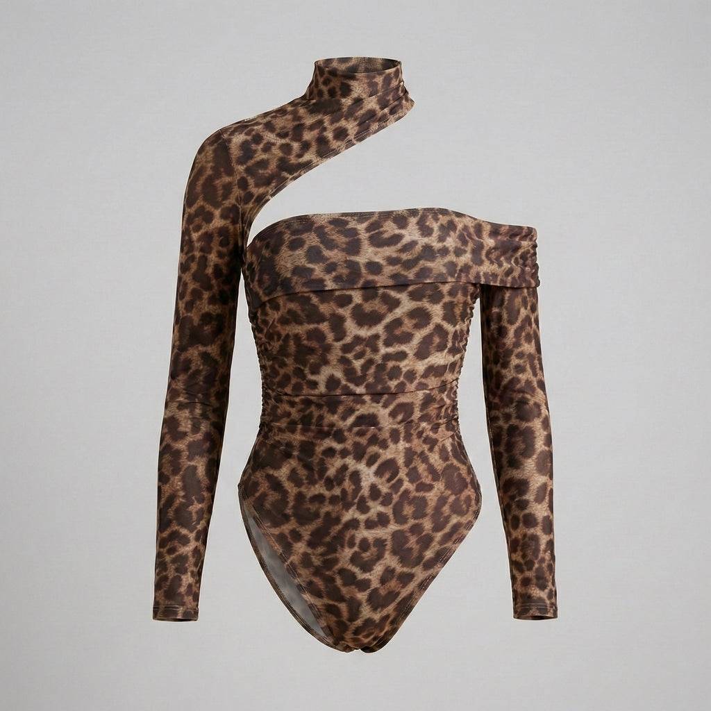 Leopard print bodysuit on a gray background