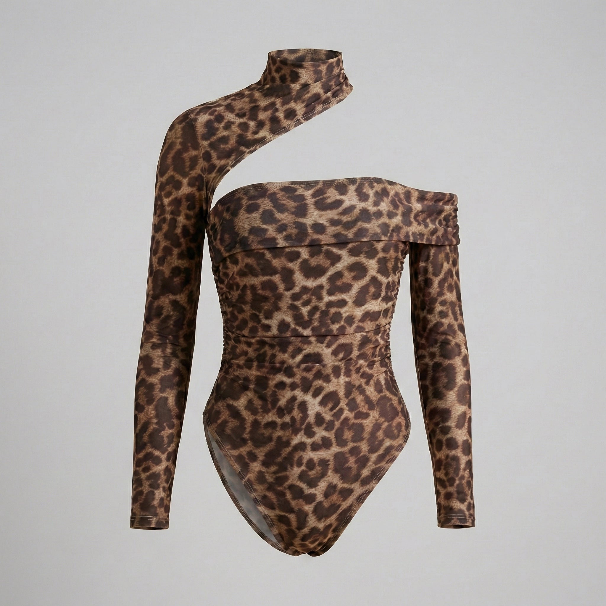 Leopard print bodysuit on a gray background