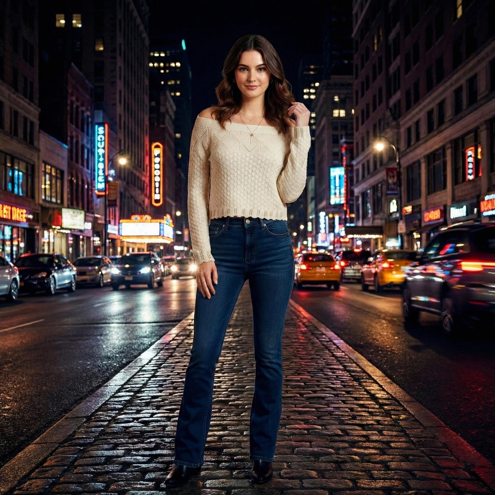 Woman standing on a city street at night with neon lights and traffic.