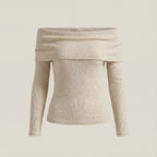 Beige ribbed sweater with off-shoulder design on a beige background