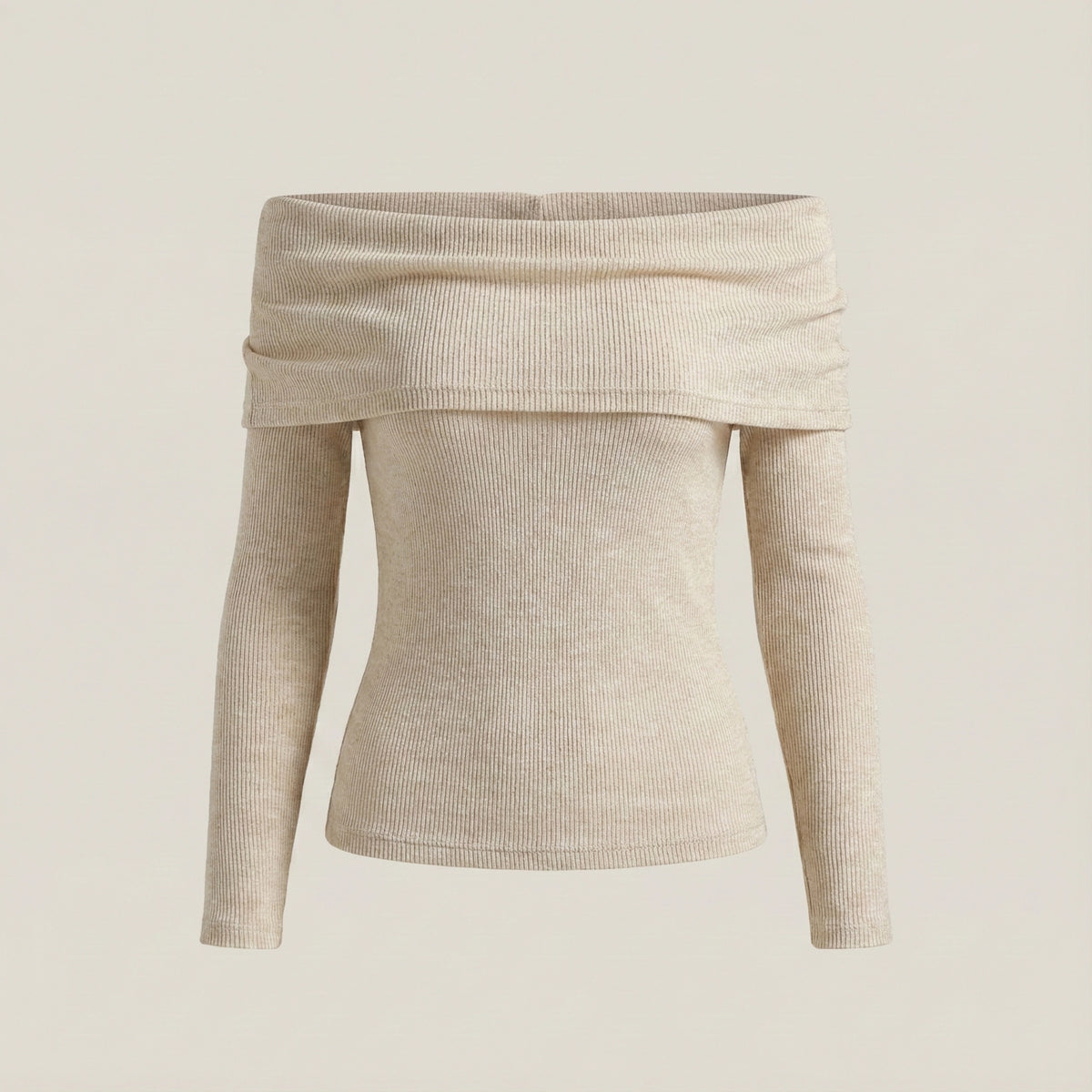 Beige ribbed sweater with off-shoulder design on a beige background