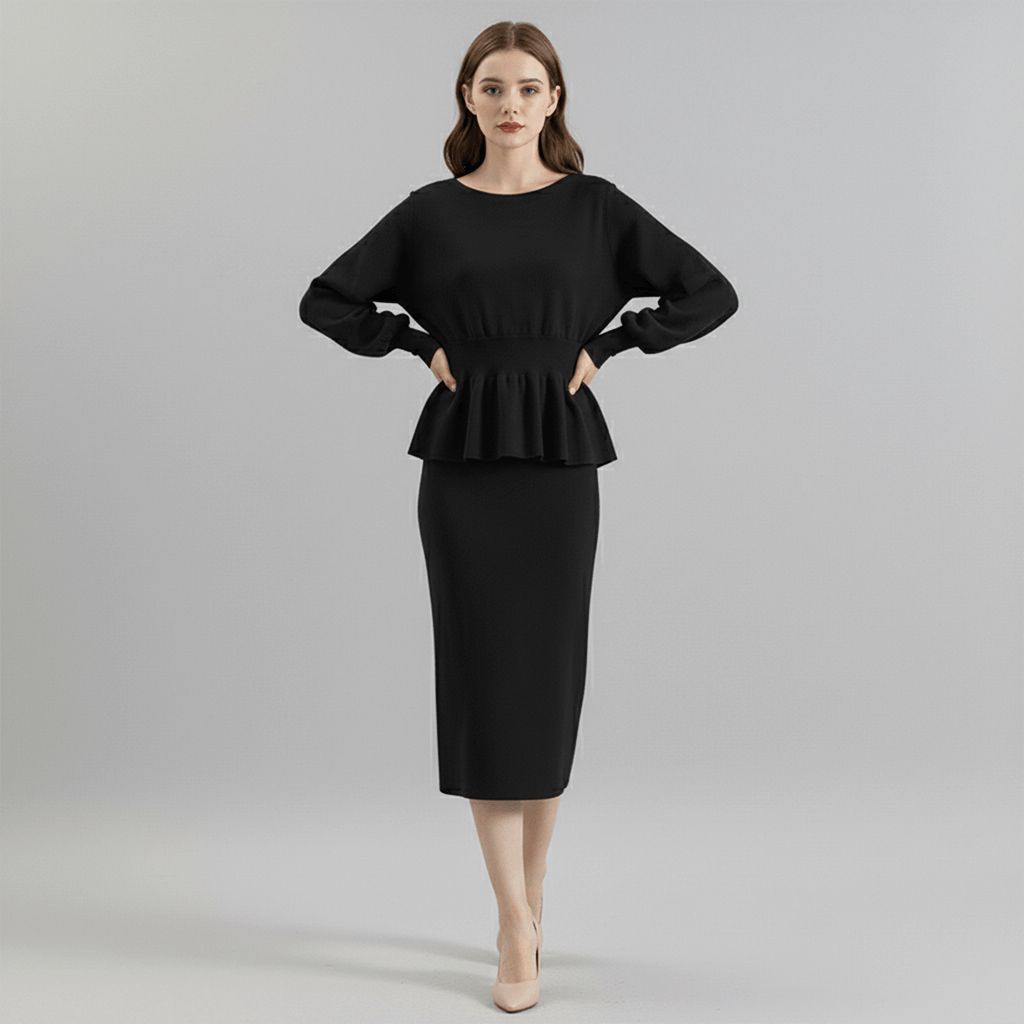 Woman wearing a black peplum top and pencil skirt on a gray background