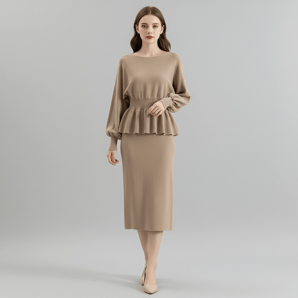 Woman wearing a beige peplum top and skirt on a gray background