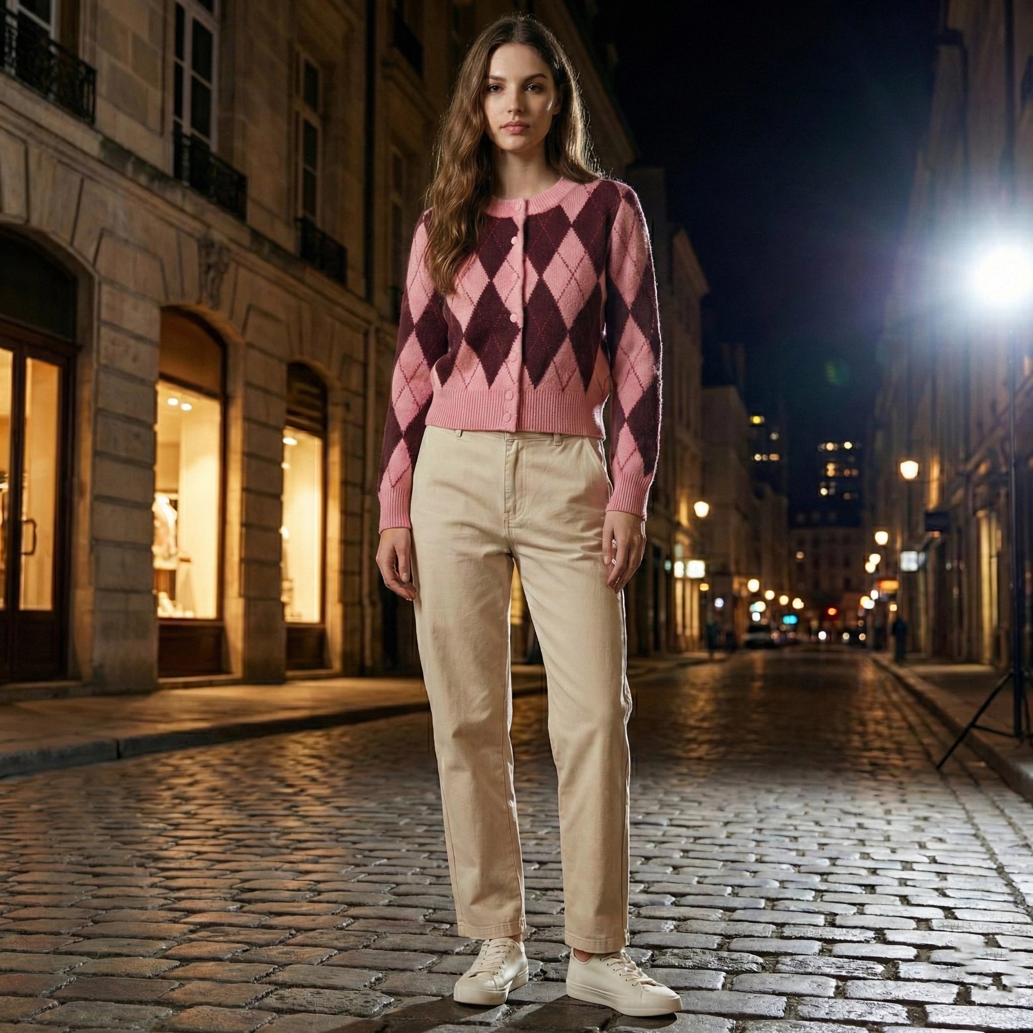 Woman wearing a pink argyle sweater and beige pants standing on a city street at night.