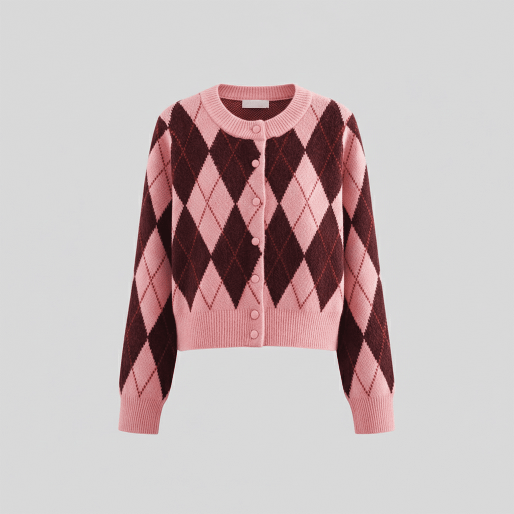 Pink and brown argyle patterned sweater on a light gray background