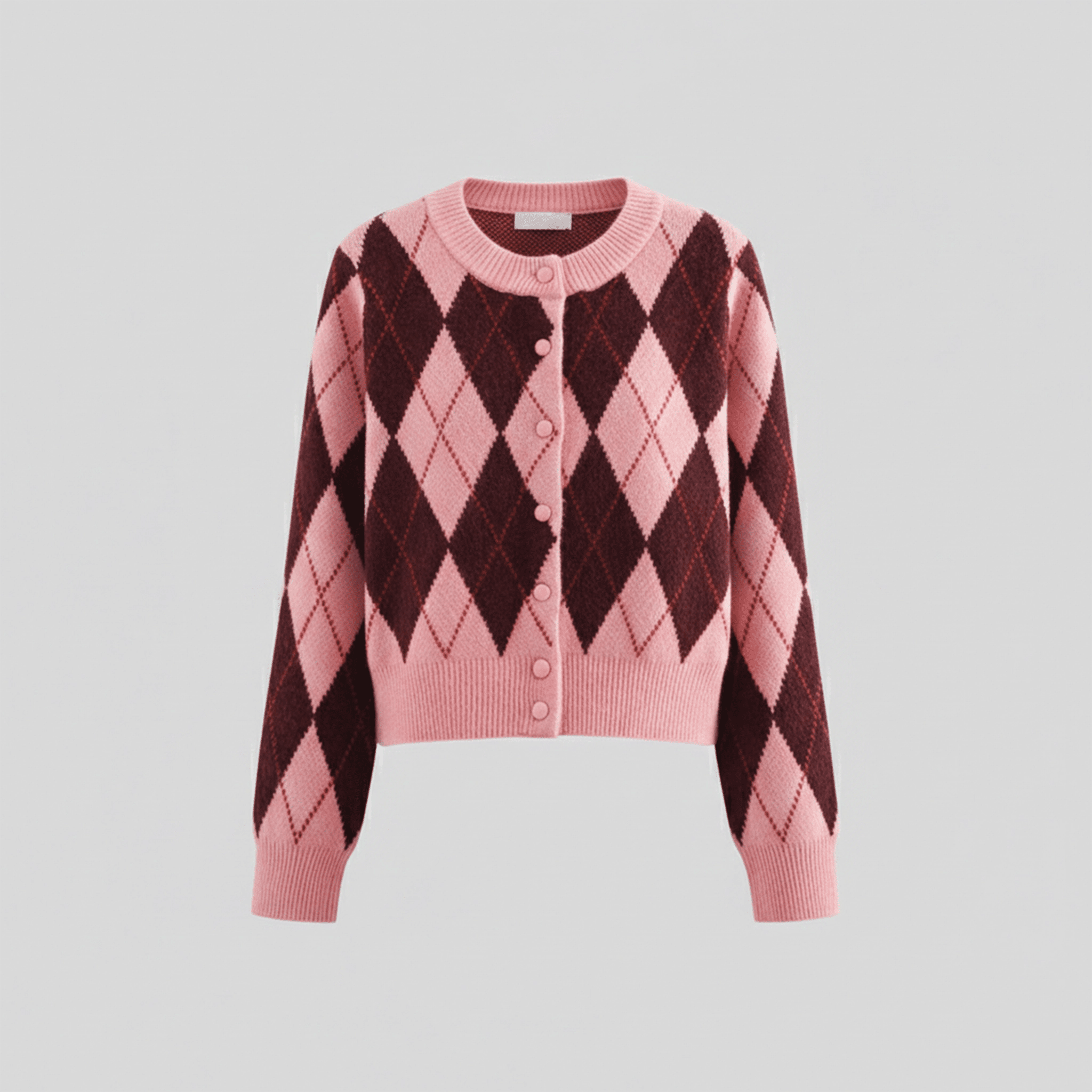 Pink and brown argyle patterned sweater on a light gray background