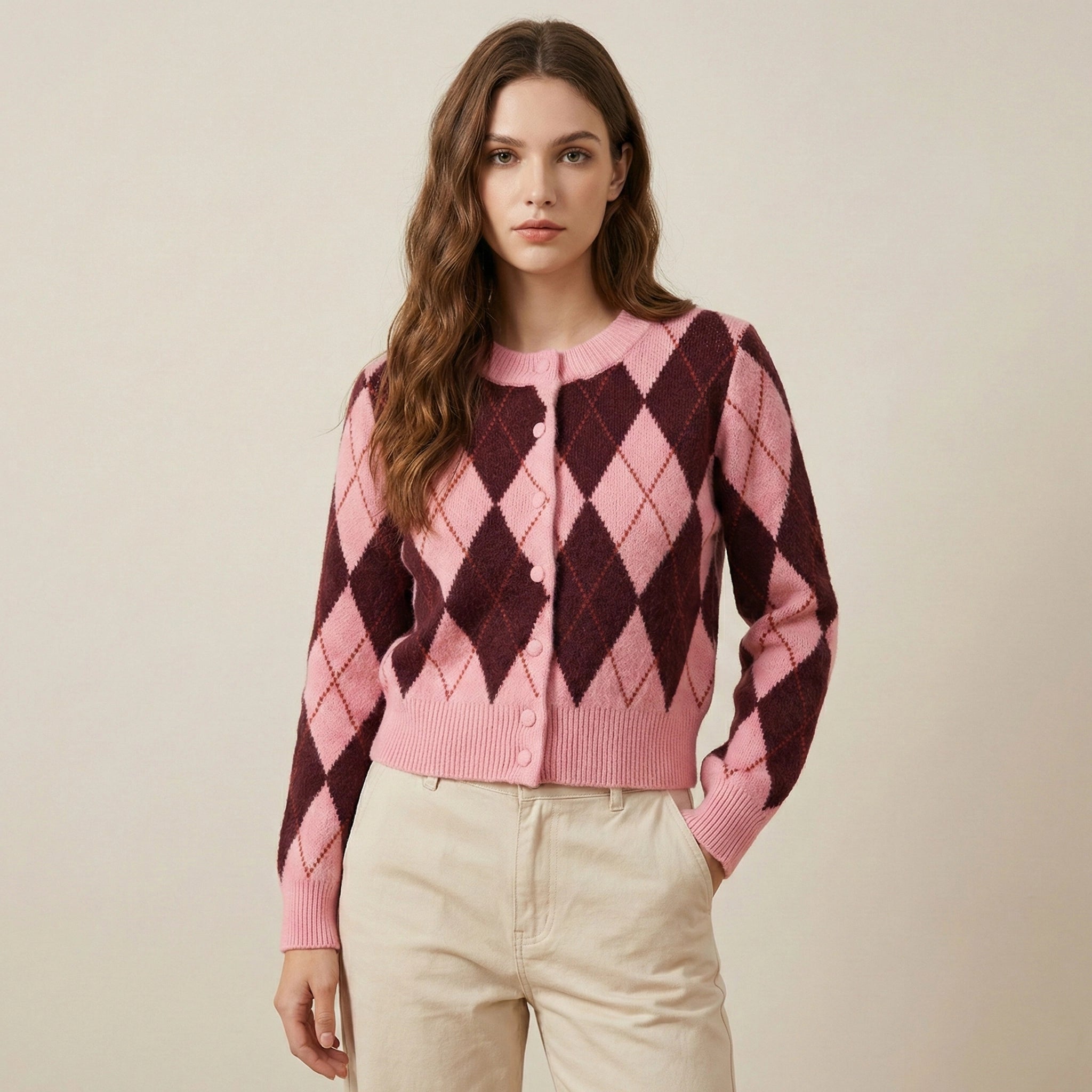 Woman wearing a pink and purple argyle sweater against a beige background
