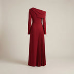 Red one-shoulder dress on a beige background