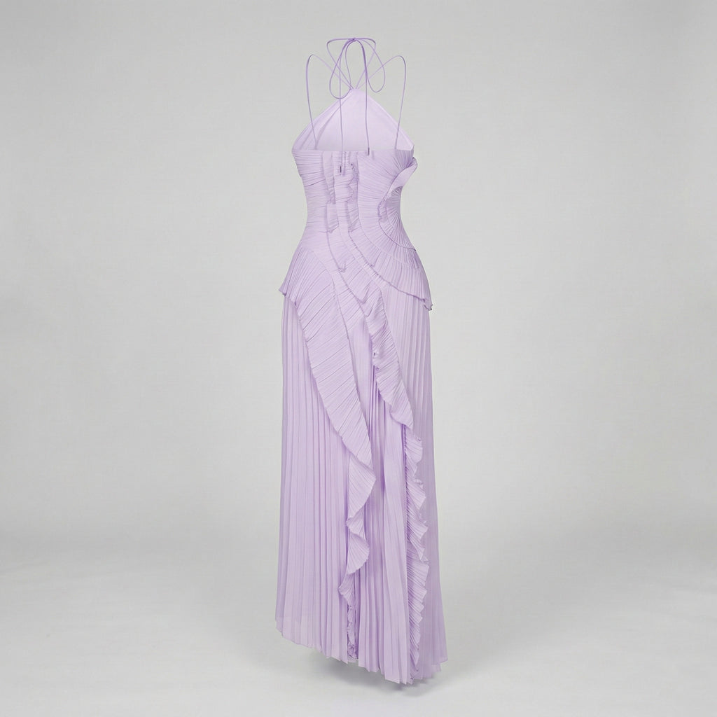 Lavender evening gown with ruffled layers on a light gray background